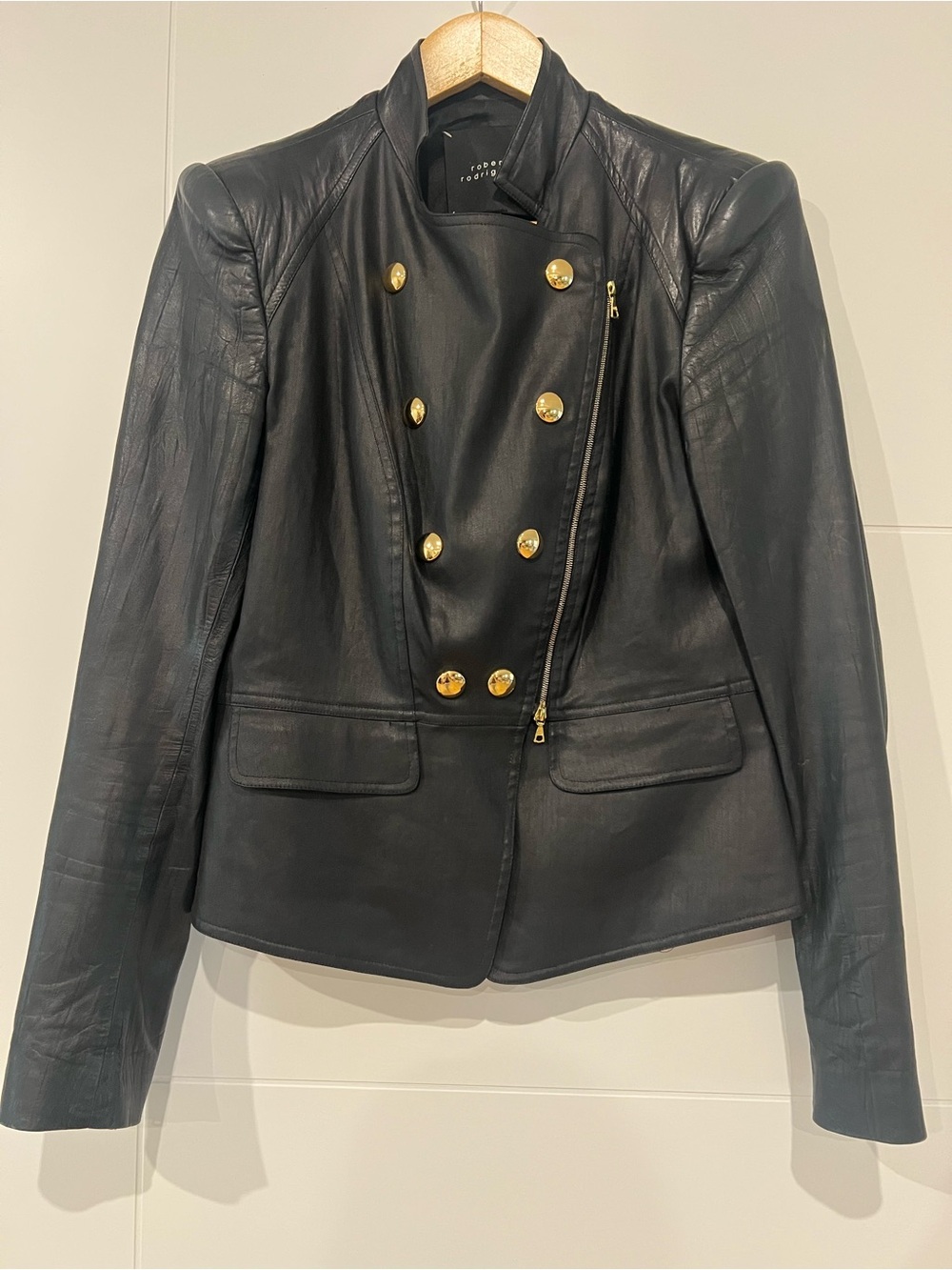 Robert Rodriguez Black Leather Military-Style Jacket with Gold Buttons